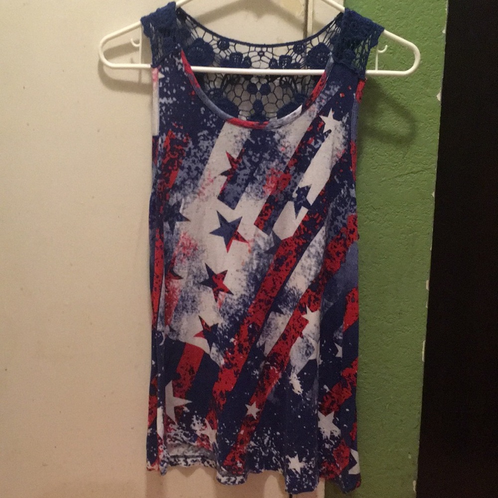 Red, white, and blue shirt.